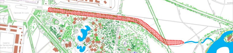 carte du Nord du Bois de Vincennes où est localisé le tracé du projet de rivière le long de l'avenue des Minimes en rouge