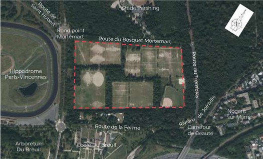 photo aérienne de l'est du bois de vincennes où est localisé en rouge la plaine de mortemart